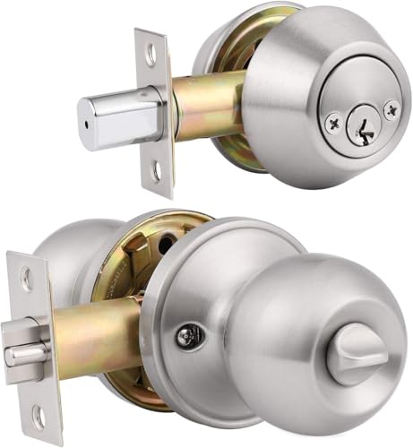 Brotima 1 Pack Keyed Alike Door Lock Set with Deadbolt Satin Nickel Finished Double Cylinder Deadbolt Lock Set Security Round Style Entry Door Knobs
