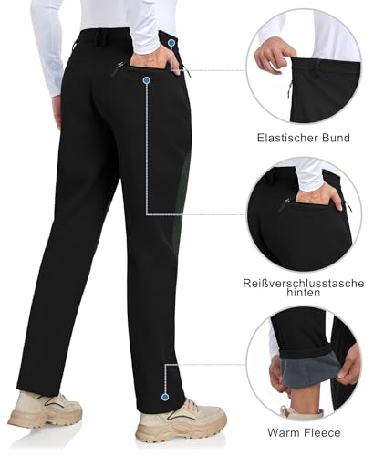 Djtnzdm Outdoorhose Herren Winter Ski Softshellhose Wasserdicht Snowboarhose Gefüttert Fahrradhose Warm Winddichte Thermohose Männer mit Tasche 3XL Schwarz