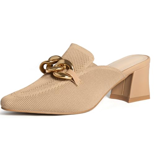 SICARE Heeled Mules for Women Closed Toe Chunky Heels Mules Knit Stretchy Pointed Toe Heels Sandals Comfortable Slip On Dress Pumps Sandals Slides for Business and Daily Wear,Nude,Size 9
