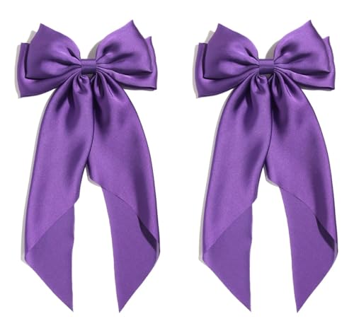 Satin Bow Hair Clips for Women Big Bow Hair Slides Metal Clips Long Ribbon Hairpin Girls Barrettes Party Half-Updo Ponytail Accessories (2pcs Purple)