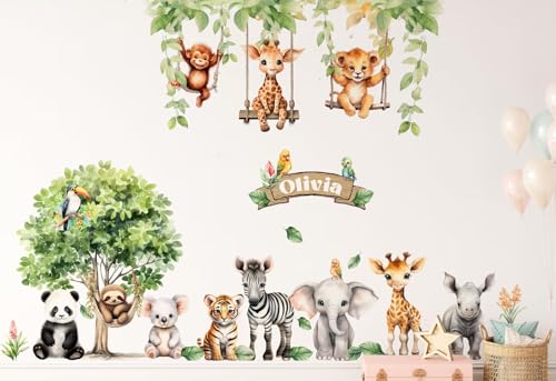 Image of Jungle Theme Wall Sticker for Kids Room Decor - Fun Animal Growth Chart with Giraffe, Elephant, Tiger, Panda, and More - Peel & Stick Removable Nursery Wall Decal (K, Large)