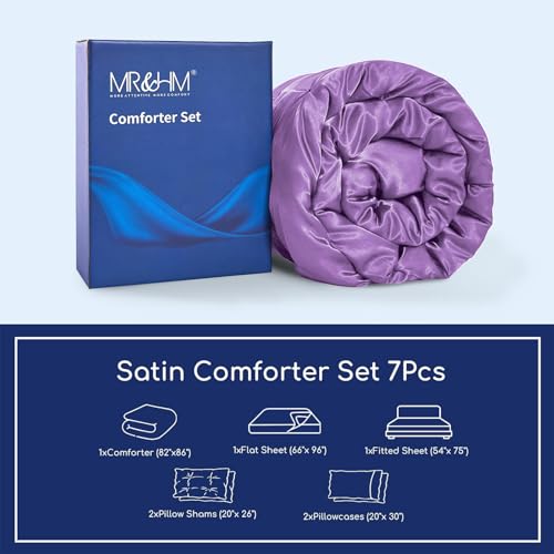 MR&HM Satin Comforter Full 7 Pieces - Luxurious Pinch Pleat Bedding Set with Comforter, Flat Sheet, Fitted Sheet, Pillowcases & Shams, Super Silky Soft Bed Set for All Season (Full, Lavender)
