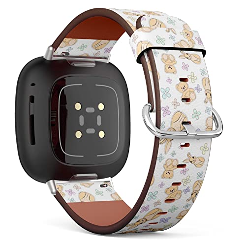 CJBROES Replacement Leather Watch Band, Compatible with Fitbit Versa 3 and Fitbit Sense of Wristband Bracelet Accessory - Rabbit Teddy