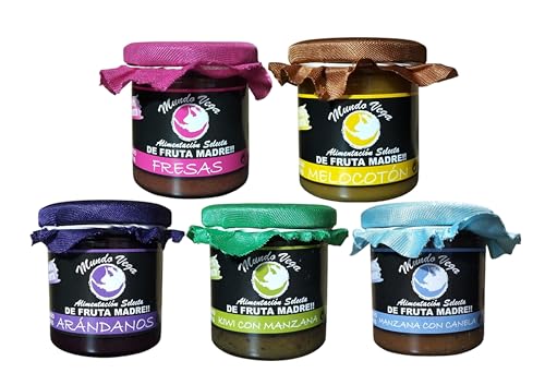 PACK 5 Mermeladas de FRUTA MADRE 165gr Mundo Vega Artesana (ARANDANOS, FRESA, MELOCOTÓN, MANZANA-CANELA y KIWI-MANZANA)