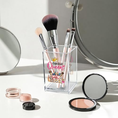 Image of Makeup Queen Acrylic Makeup Brush Organizer Holder, Makeup Queen Desk Acrylic Brushes Storage, Christmas Birthday Gifts for Women Mom Sister Colleague Boss Lady Make Up Artist
