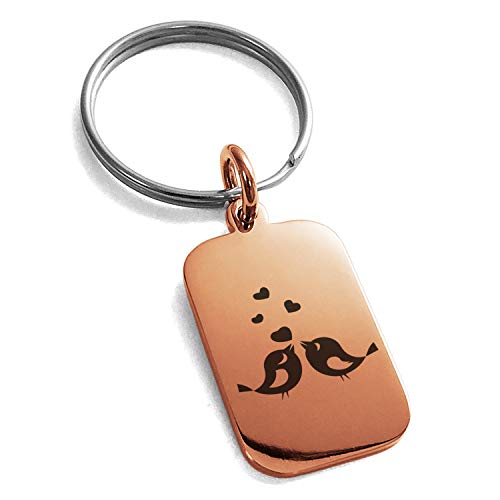 Stainless Steel Lovebirds Heart Small Rectangle Dog Tag Charm Keychain Keyring