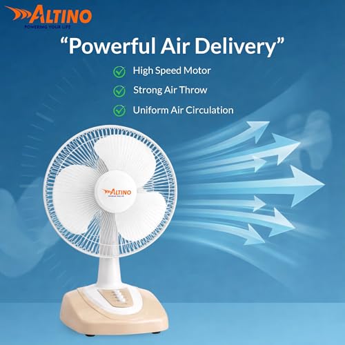Image of Altino Premuim Powerful Oscillation Table Fan for Home & Office| High Air Delivery| Anti-Dust Decorative Star Rated Table Fan | 3 Speeds | Easy to Clean, 1 Yr Warranty (Beige, 16 inch)