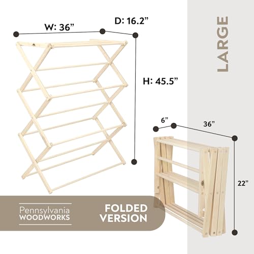 Image of Pennsylvania Woodworks Premium American Maple Clothes Drying Rack - Handcrafted in Pennsylvania - Solid Wood Construction, Collapsible, Eco-Friendly Laundry Solution (Large)