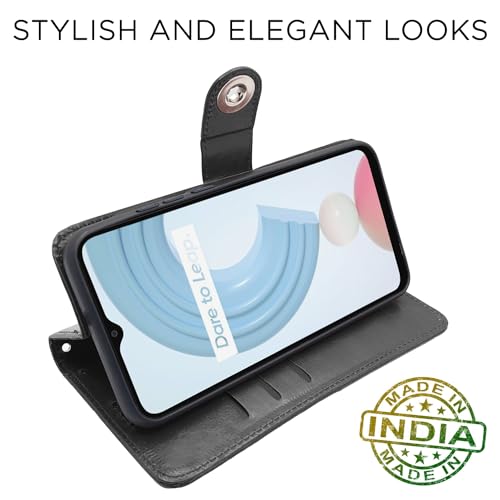 Image of Pikkme Realme C21y Flip Cover Leather Finish | Inside TPU with Card Pockets | Wallet Stand and Shock Proof | Complete Protection Button Flip Case (Black)