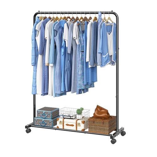 Simple Trending Clothing Rack for Hanging clothes, Portable Garment Rack with Bottom Shelf, Metal Clothes Rack on Wheels for Bedroom, Laundry Room, Black