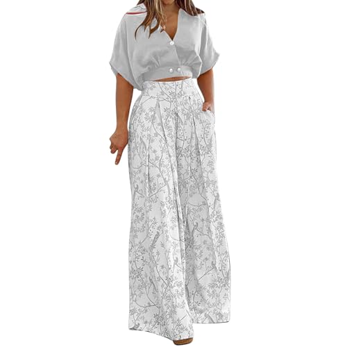 Compra Online Conjunto Mujer Vestir Dos Piezas,Traje Pantalón Fiesta de 2 Piezas Cuello V Camisa Manga Corta y Pantalones Pernera Ancha con Estampado Floral Elegante Negocios Oficina Fiesta Traje
