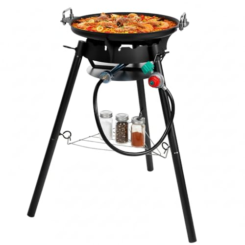 RYHOFOUD Q044-Paella Pan Set with Burner 16 Inch Carbon Steel Outdoor Pan and Reinforced/Adjustion Legsfor Outdoor Cooking