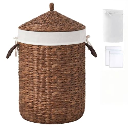 Round laundry hamper with lid, Handwoven Wicker Laundry Basket with Handles and Removable Liner for Dirty Clothes Storage for Bedroom Bathroom and Laundry Room 90L (Espresso)