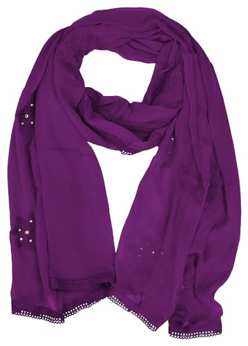 Image of YOUTHQUAKE Flower Embroidered Diamond Work Chiffon Dupatta for Womens & Girls With 4 Side Lace