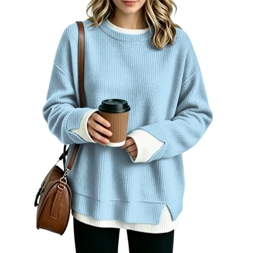 Crew Neck Oversized Sweatshirt for Women Waffle Long Sleeve Sweatshirts - image 2