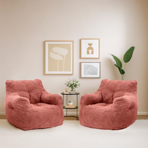 Cvortll Set of 2 Sherpa Bean Bag Chairs for Adults – Fluffy Tufted Memory Foam Lounger, Comfy Lazy Chair for Living Room, Bedroom, Dorm & Apartment, Red