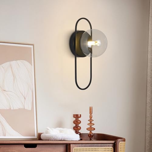 Image of Mid Century Modern Black Wall Sconce Bubble Glass Globe Wall Sconces Lighting Small Vintage Bathroom Vanity Light Fixtures for Bedroom Hallway