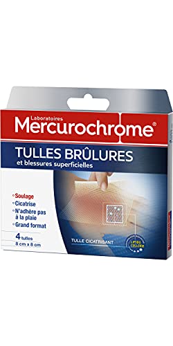 MERCUROCHROME - Tul quemaduras y heridas superficiales - Alivia y cicatriza - Gran formato, 8 cm x 8 cm - 4 tules