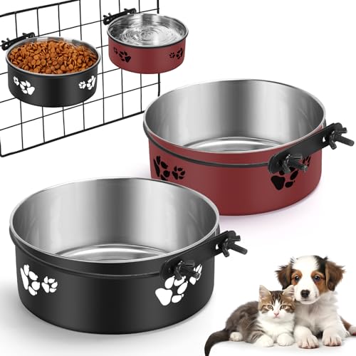 VAlinks 2 Pack Crate Bowls Mountable Stainless Steel Kennel Bowls for Medium or Small Dogs Hanging Kennel Water Bowls with Clamp Holder 2 Sizes?6.3x2.56’’,5.5x2.36’? Black Red