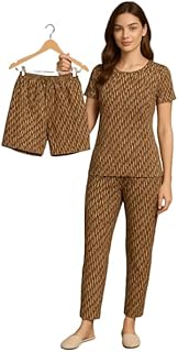 ladygram 3 Pc Combo Set Summer Night Suit for Women – Round Neck Top, Shorts & Lower | Broken Stripe Print in Brown Shade | L, XL, XXL | Comfortable Cotton Blend-picture-14