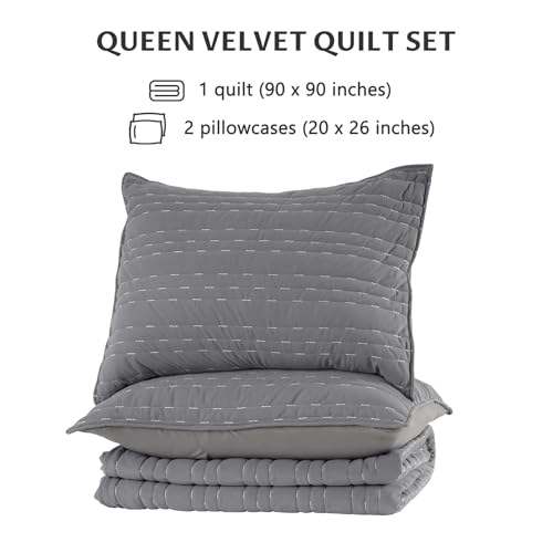 KASENTEX Queen Size Velvet Quilt Set 3 Pieces,Ultra-Soft Bedspread Coverlet with 2 Pillow Shams, Lightweight Bed Blanket, Luxury Elegant Stitch Design, Machine Wash, All Season Bedding, Gray by KASENTEX - Image 6