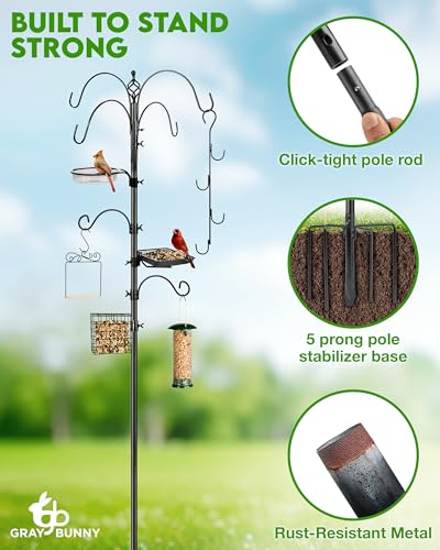 Gray Bunny 91” Bird Feeder Pole, Bird Feeder Stand Set with 11 Accessory Attachments with Multiple Shepherds Hook for Bird Feeders for Outside, Sturdy 5-Prong Base, Stainless Steel Bird Feeder Hanger
