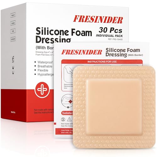 FRESINIDER Silicone Foam Dressing 4" x 4", 30 Pack – Soft Silicone Wound Dressing Pads for Bed Sores & Pressure Ulcers, Post-Surgery Care, Absorbent, Breathable & Gentle on Skin