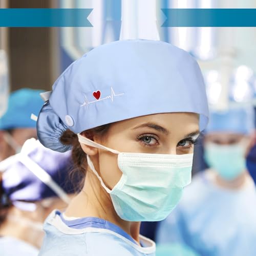 Honoson 6 Pcs Scrub Caps Women Nursing Hats with Buttons Adjustable Bouffant Nurse Hats Ponytail Holder Bouffant Turban