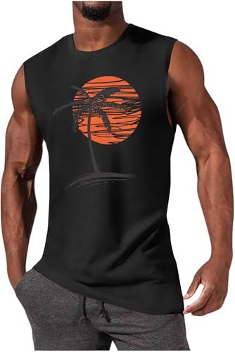 iudam Mens Summer Beach Tank Top Tropical Hawaiian Palm Tree Print Sleeveless Shirts Muscle Tee Vacation Shirts (Black,XL)