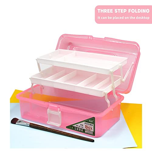 Zhousensen 13In Three-Layer Clear Art Storage Box Craft Organizer, Folding Tool Box With Handle, Art & Crafts Case/Sewing Supplies Organizer For Home School Office Travel (Pink) #TOP22