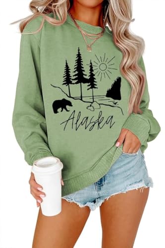 YourTees Women Alaska bear print pullover long sleeve sweatshirt (Green,Large,Female,Adult,US,Alpha,Large,Regular,Regular)