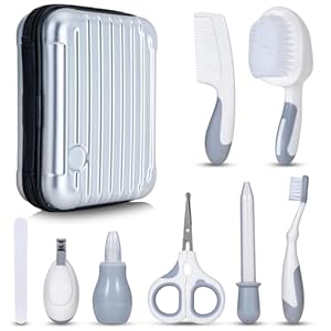 Little Angel Baby Healthcare and Grooming Kit, Safety Newborn Nursery Care Set, with Hair Brush Comb, Nail Clipper, Nasal Aspirator for Newborn Infant Baby Girls Boys (Gray)