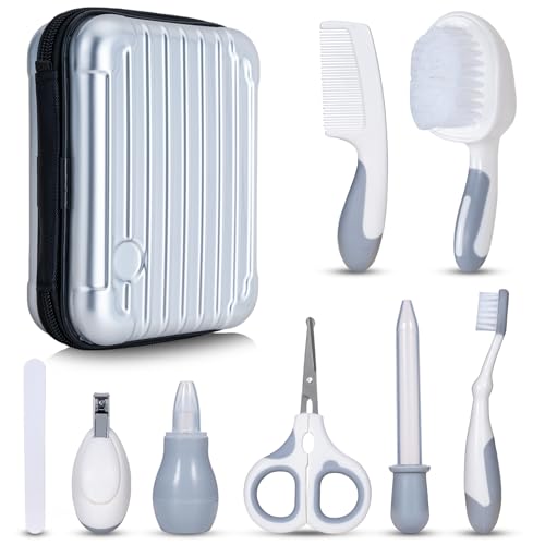 Little Angel Baby Healthcare and Grooming Kit, Safety Newborn Nursery Care Set, with Hair Brush Comb, Nail Clipper, Nasal Aspirator for Newborn Infant Baby Girls Boys (Gray)