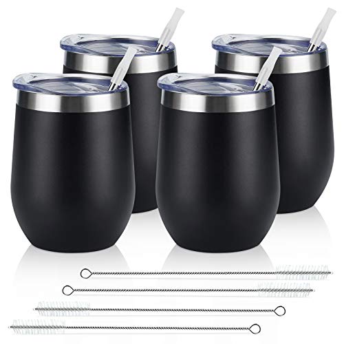 Lifecapido 4 Pack 12Oz Stainless Steel Stemless Wine Glasses, Insulated Wine Tumbler, Stainless Steel Wine Tumbler Cups with Lids and Straws for Coffee, Cocktails, Wine, Champaign, Black…