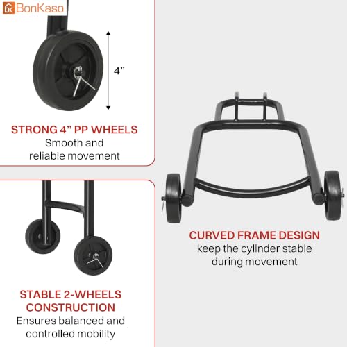 Image of Bonkaso Gas Cylinder Trolley with Handle, Heavy-Duty Alloy Steel LPG Cylinder Hand Truck, 70 kg Load Capacity, 2 Fixed 100 mm PP Wheels, Powder-Coated Black for Home Kitchen Commercial Use
