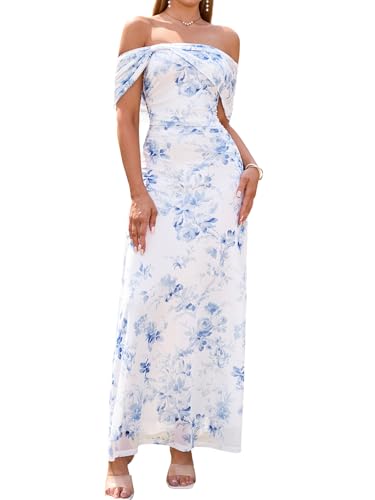 Image of KUTUMAI Women Floral Off Shoulder Maxi Dress Summer Ruched Bodycon Long Formal Wedding Guest Dresses 2026