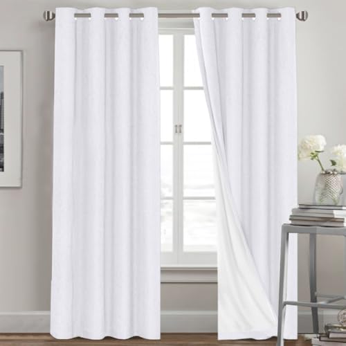 Image of PrinceDeco Blackout Curtains 90 Inches Long 2 Panels Set for Bedroom Living Room Thermal Insulated Textured Curtains with White Liner Grommet Window Curtains,W52 x L90, White