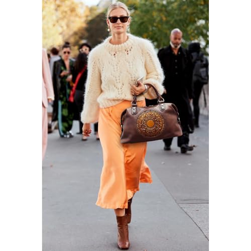 Image of Leather Handbag for Women, Genuine Leather Purses Retro Mandela Crossbody Handbag Tote Bag