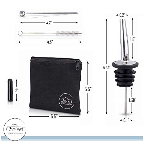 Chefast Bottle Pourers Set: 8 Stainless Steel Pour Spouts, 10 Long Dust Cap, 2 Cocktail Picks, Brush and Storage Bag - Metal Toppers for Liquor Spout Pourer, Oil and Vinegar Dispenser