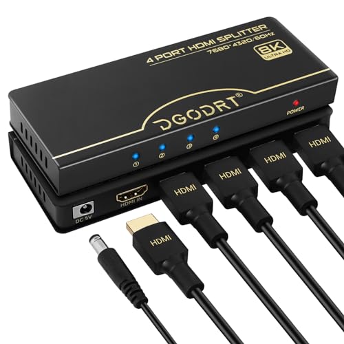 DGODRT Divisor Hdmi 8K@60Hz 1 Entrada 4 Saídas, Divisor Hdmi 2.1 com Alimentação 1X4,cx Distribuidora de 4 Portas, Suporte A 4K@120Hz Hdcp 2.3 3D Hdr 48 Gbps para Hdtv, Fire Stick, Ps5, Xbox, Blu-Ray