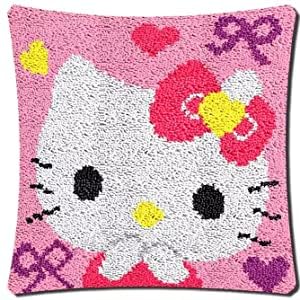 ROCKY&CHAO Hello Kitty 43x43cm Latch Hook Kit for Adults & Kids DIY Cushion Making Craft Kits with Yarn & Canvas and Crochet Needle, Latch Hook Pillow Cover Adult Craft Kits Home Decor for Women