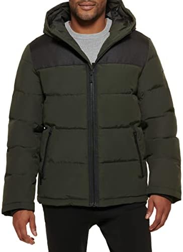 DKNY Men's Shawn Quilted Mixed Media Hooded Puffer Jacket, Dark Olive, XXX-Large