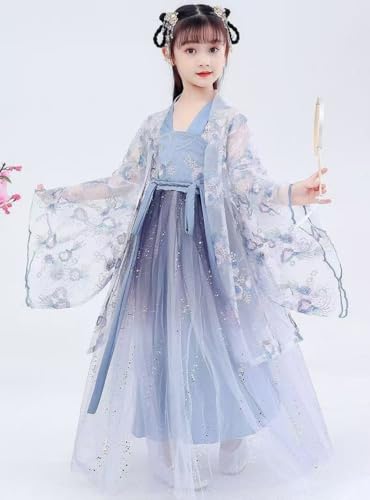 Traditional Chinese Hanfu Dress Set for Girls, Blue Tang Dynasty Princess Dress with Floral Tulle2