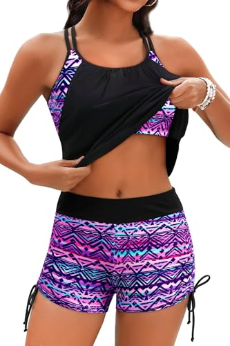Image of Holipick Tankini Swimsuits Two Piece Tummy Control Bathing Suits Blouson Swim Tank Top with Boy Shorts