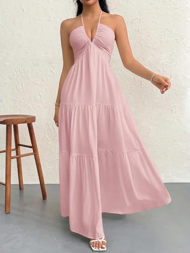 Image of Narecte Women's Maxi Summer Dresses Halter V Neck Beach Dresses for Women A-Line Casual Dress for Vacation
