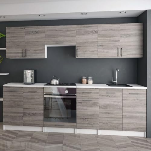 roe furniture Moderne Küchenzeile ohne Elektrogeräte in Dunkel Sonoma - Einbauküche mit viel Stauraum - Erweiterbares 2,4-m-Set inkl. Arbeitsplatten in Weiß - 240 x 82 x 46 cm (B/H/T)