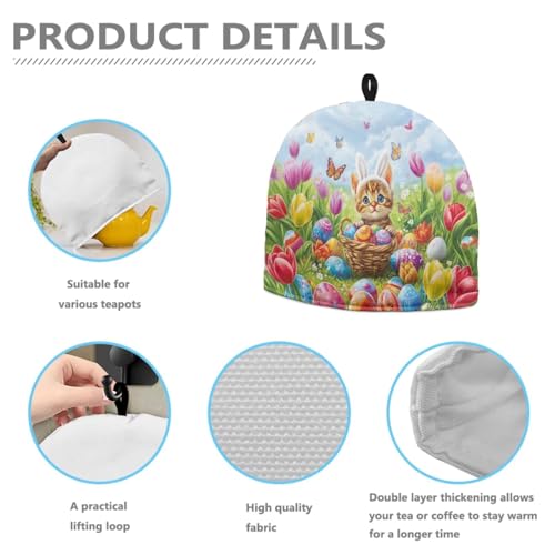 Image of Easter Cat Print Handmade Tea Cozy Kitchen Home Decorations Teas Cosy Creative Gifts Tea Cozies for Teapot Keep Warm Double Tnsulated Kettle Cover for Office