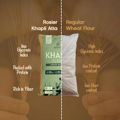 Image of ROSIER khapli atta, Khapli Wheat Flour | (2KG (Pack of 2) | High Protein & Fiber | Easy Digestion | Stoneground Emmer Wheat | Low Gluten Ancient Grain | Atta | 100% Natural | (Khapli Wheat Atta)