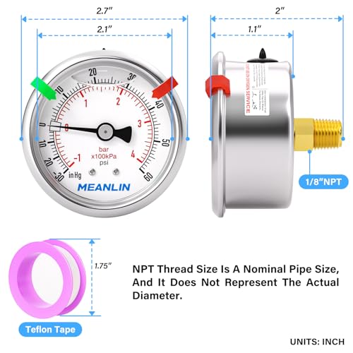 Image of MEANLIN MEASURE -30inHG~60Psi Vacuum Pressure Gauge 1 /8 inch NPT 2.5 inch FACE DIAL, Stainless Steel Liquid Filled Pressure Gauge WOG Water Oil Air Center Back Mount (with 2PCS Snaps)