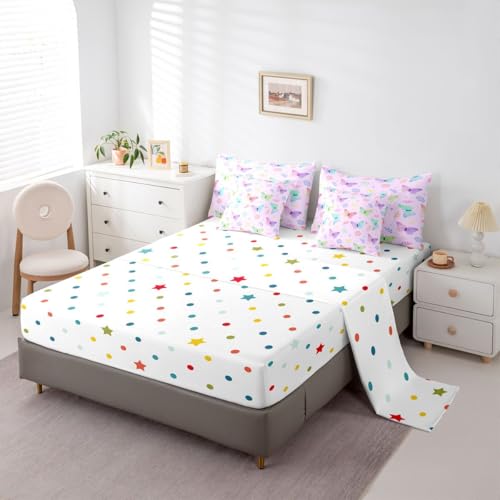 Image of Colorful Butterflies 7 Pieces Bedding Set Queen Size,Rainbow Gradient Bed in a Bag,Cute Cartoon Flower Bed Set Includes Comforter,Sheet Set,Pillowcases & Pillow Covers,Garden Wildlife Bedroom Decor